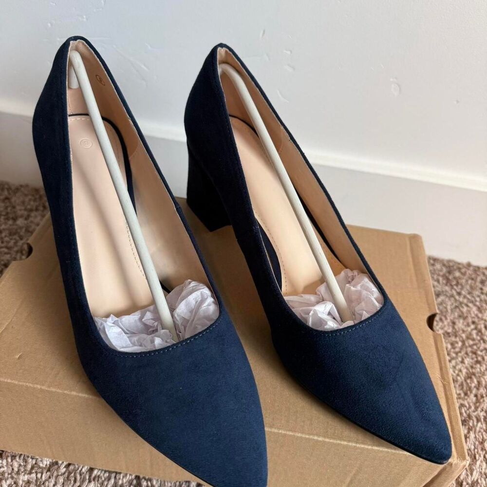 Classic Navy Pointed Toe Block Heel Pumps